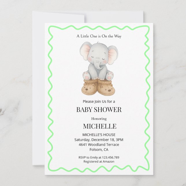 Gender Neutral Baby Elephant Baby Shower Einladung (Vorderseite)