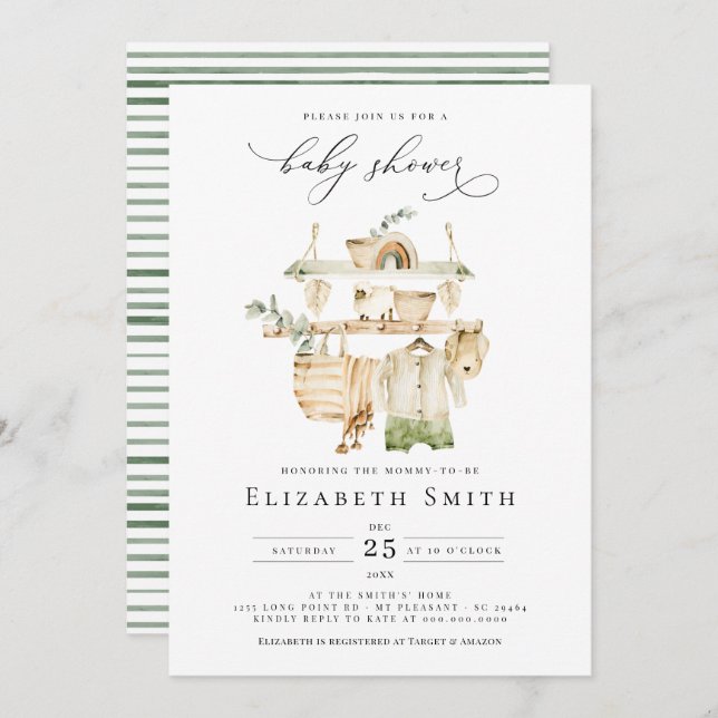 Gender Neutral Boho Greenery Rustic Baby Shower Einladung (Vorne/Hinten)