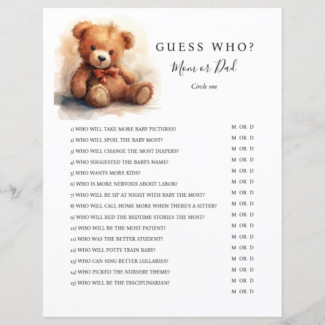 Gender Neutral Teddy Bear Baby Shower Game (Vorderseite)