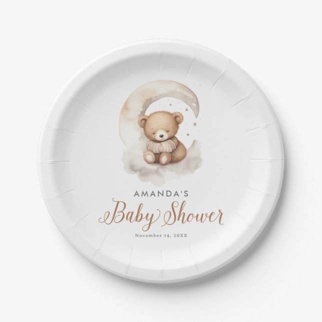 Gender Neutral Teddy Bear Moon Stars Baby Shower Pappteller (Vorderseite)