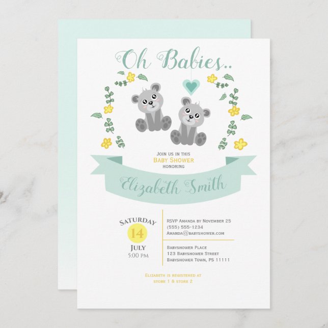 Gender neutral Twin Cute bear babyshower Einladung (Vorne/Hinten)