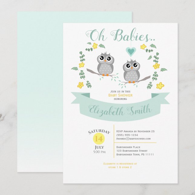 Gender neutral Twin Cute owls babyshower Einladung (Vorne/Hinten)