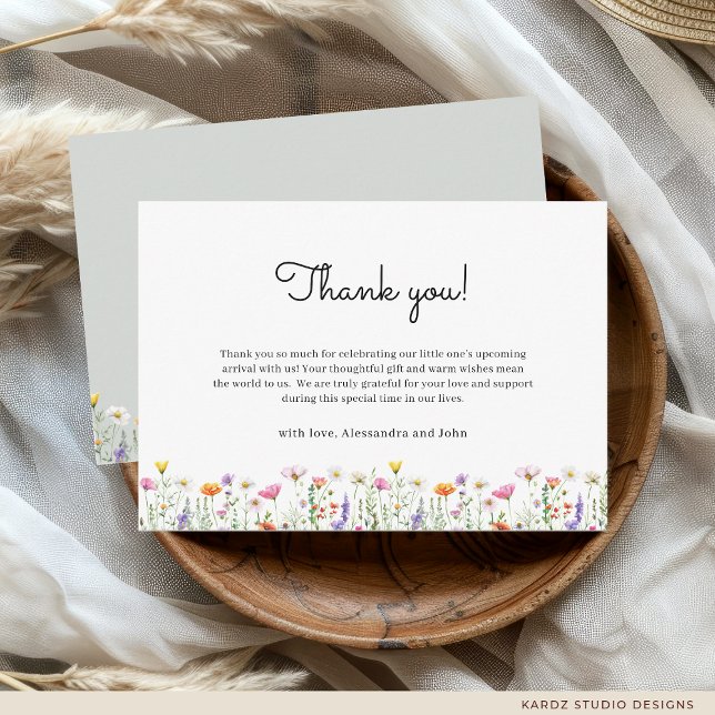 Gender-Neutral Wildflower Baby Shower Mitteilungskarte (Thank-you card is shown in 3.5 x 5 inches, personalize and choose size, paper, and corner style.)
