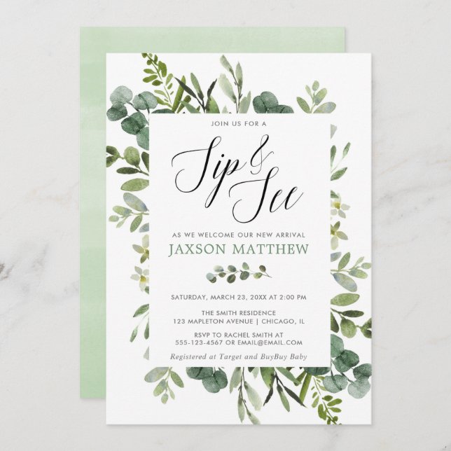 Gender neutrale Eukalyptusgrün sippen und sehen Einladung (Vorne/Hinten)
