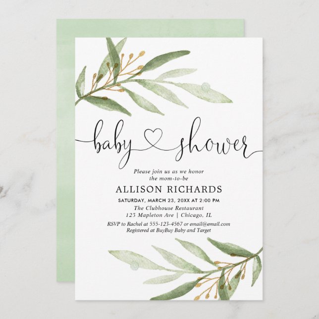 Gender-neutrale grüne goldene Babydusche Einladung (Vorne/Hinten)