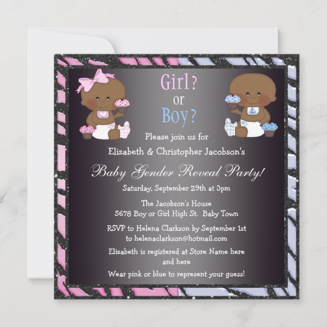 Gender Reveal African American Babies & Cupcakes Einladung (Vorderseite)