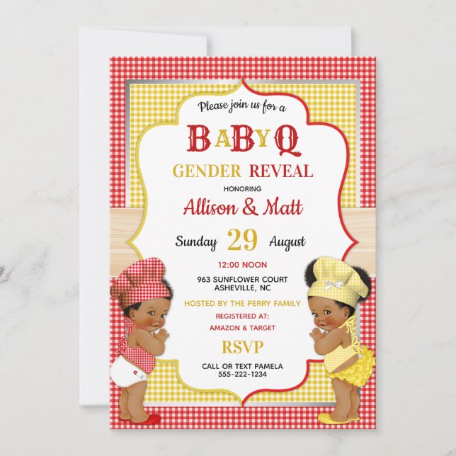 Gender Reveal Baby Q GRILLEN Red Yellow Gingham Einladung (Vorderseite)