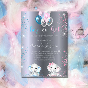 Gender reveal baby shower elephant silver glitter einladung