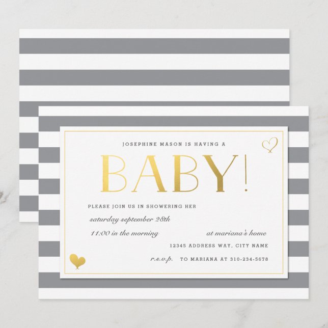 Gender Reveal Baby Shower in Gray & Imitate Gold Einladung (Vorne/Hinten)