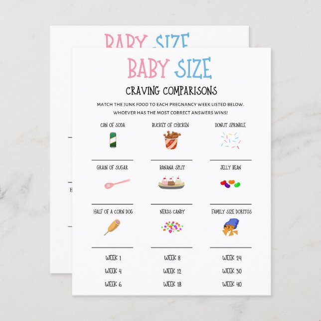 Gender Reveal Baby Size Craving Comparons Game (Vorne/Hinten)