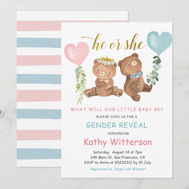 Gender Reveal Bear Balloons Baby Shower Einladung (Vorne/Hinten)
