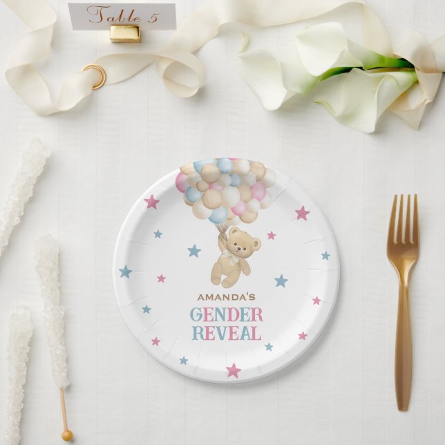 Gender Reveal Bear Pink Blue Modern Pappteller (Hochzeit)
