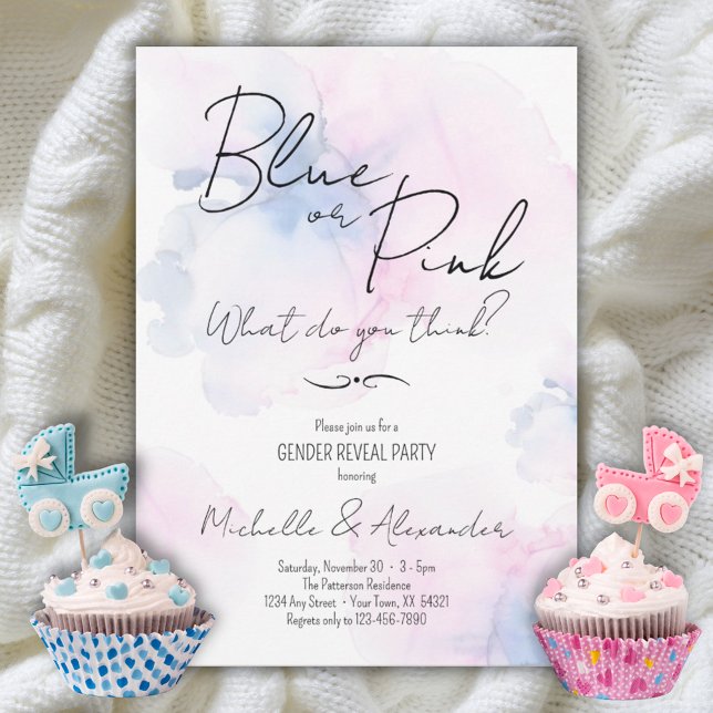 Gender Reveal Blue Pink Elegantes Party Wasserfarb Einladung (Gender Reveal Blue or Pink Elegant Watercolor Party Invitation)