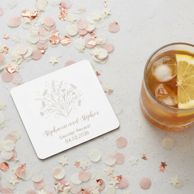 Gender Reveal - Boho Floral Rechteckiger Pappuntersetzer (Gender reveal party drink coaster)