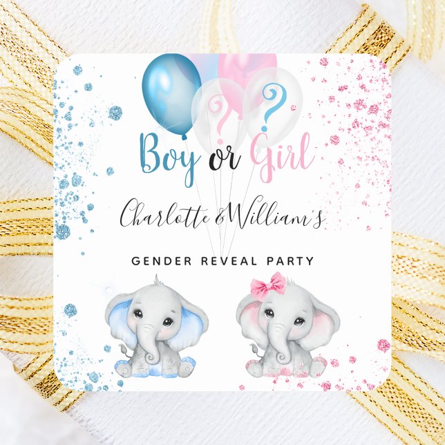 Gender reveal boy girl blue pink glitter elephant quadratischer aufkleber (Von Creator hochgeladen)