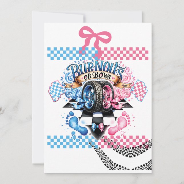 Gender Reveal Boy or Girl Party Cars Bows Einladung (Vorderseite)