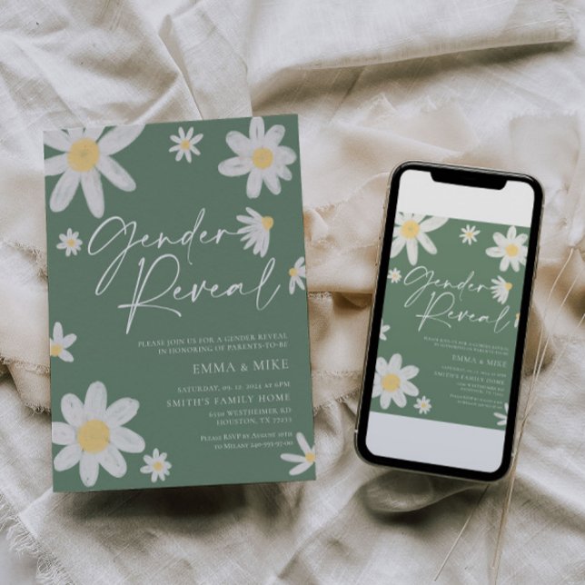 Gender Reveal Daisy Sage Green Einladung (Von Creator hochgeladen)