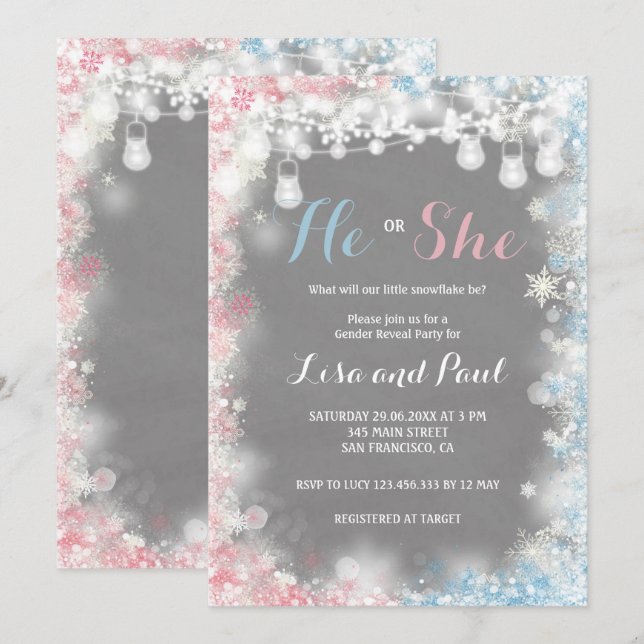 Gender Reveal Ein kleiner Schneeflocken ist auf de Einladung (Vorne/Hinten)