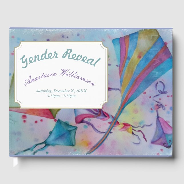 GENDER REVEAL FARBIGE HOCHFLYING KITES GÄSTEBUCH (Vorderseite)
