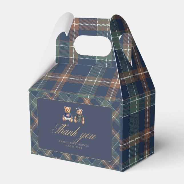 Gender Reveal Favor Boxes Navy Plaid Teddy Bear Geschenkschachtel (Vorderseite)