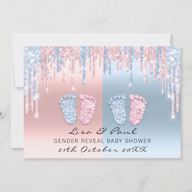 Gender Reveal Feet Pink Blue Baby Twnins Boy Girl Einladung (Rückseite)
