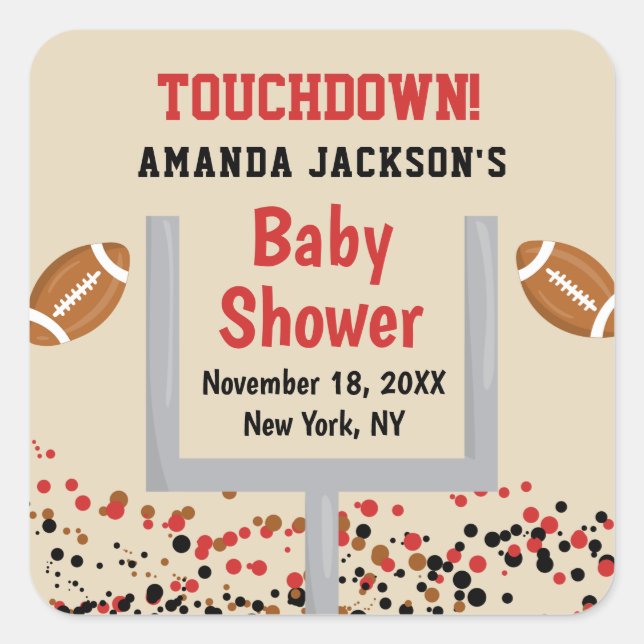 Gender Reveal Football Baby Boy Shower Touchdown Quadratischer Aufkleber (Vorderseite)