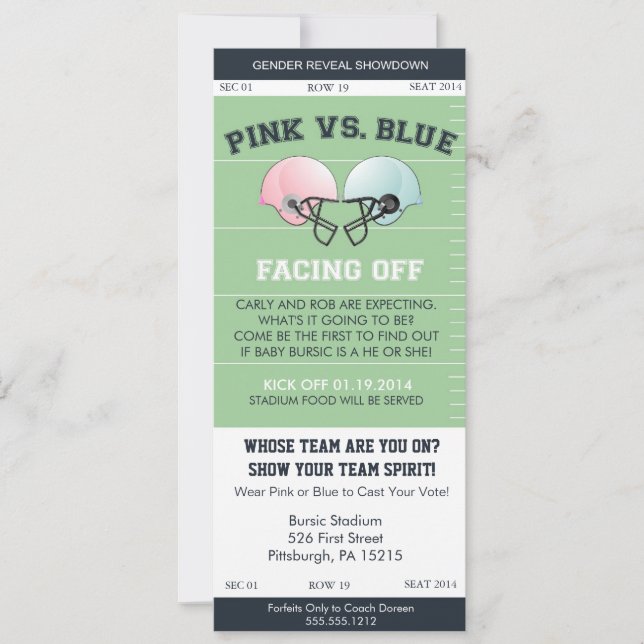 Gender Reveal Football Ticket Baby Shower Invitati Einladung (Vorderseite)