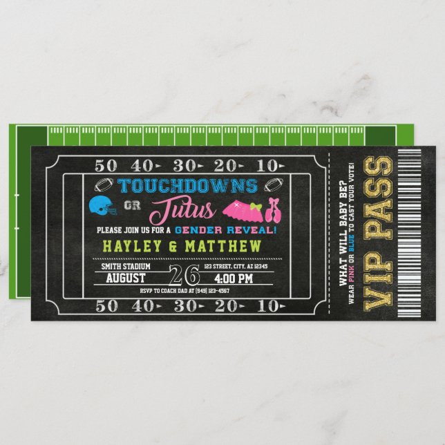 Gender Reveal Football Ticket Touchdown oder Tutus Einladung (Vorne/Hinten)
