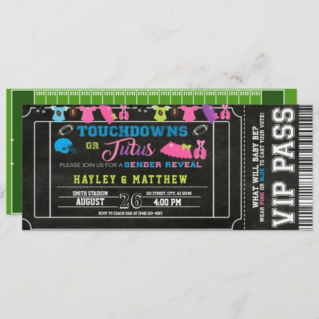 Gender Reveal Football Ticket Touchdown oder Tutus Einladung (Vorne/Hinten)