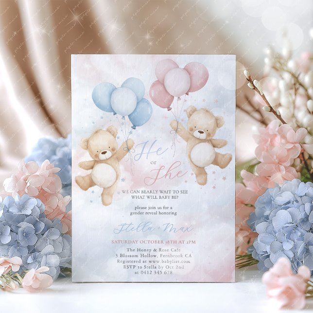 Gender Reveal He or She Bear Balloon Invitation Einladung (He or She? We can bearly wait to see what will baby be?
Gender reveal in pink and blue )