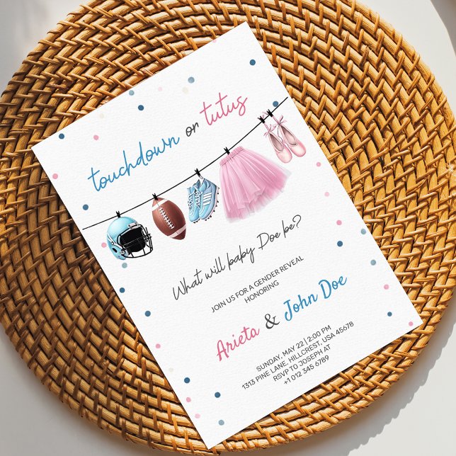 Gender Reveal Invitation card with a football,tutu Einladung (Von Creator hochgeladen)