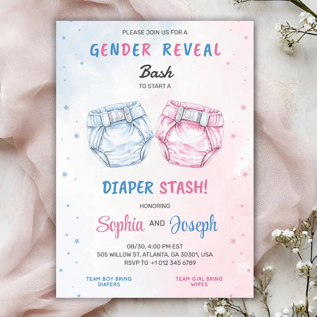 Gender reveal invitation with "Bash" and "Diaper  Einladung (Von Creator hochgeladen)