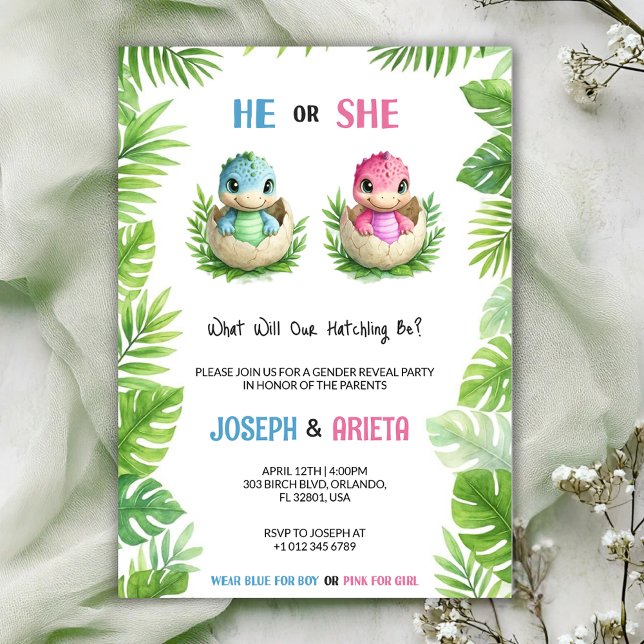 Gender reveal invitation with cartoon dinosaur egg einladung (Von Creator hochgeladen)