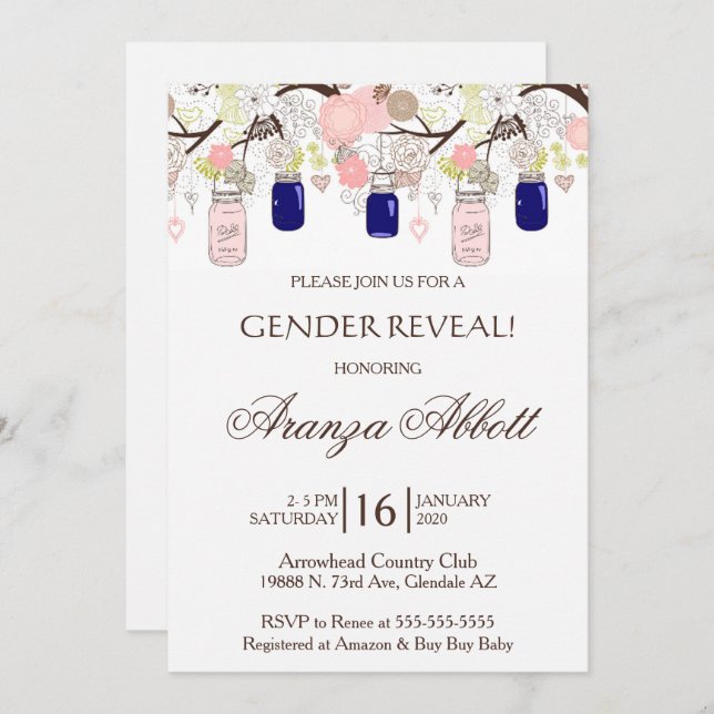 Gender Reveal Mason Jars Baby Shower Einladung (Vorne/Hinten)