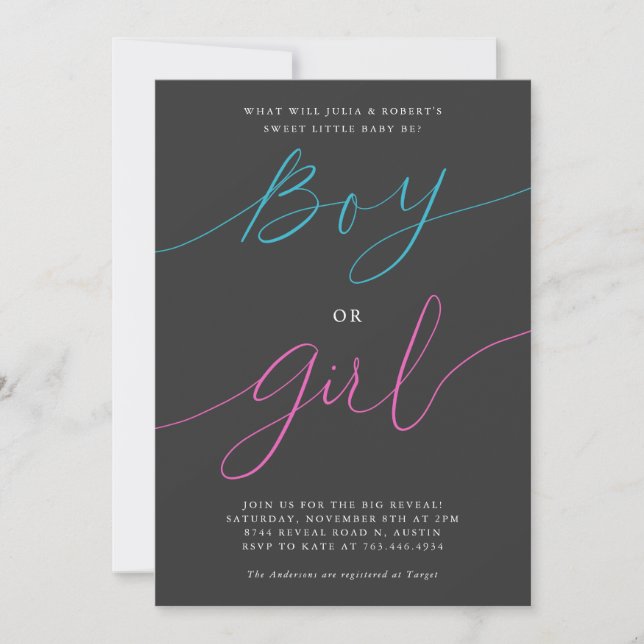 Gender Reveal Party Boy oder Girl Modern Script gr Einladung (Vorderseite)