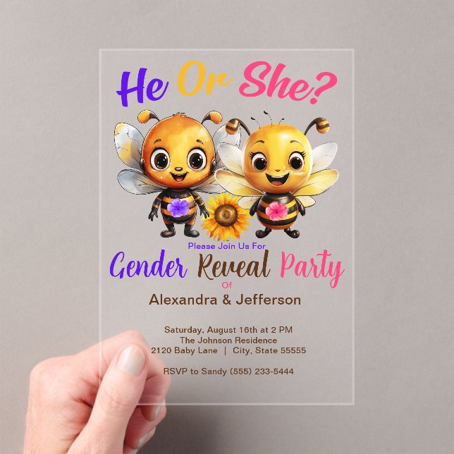 Gender Reveal Party He or She Baby Bee Shower Acryleinladungen (Insitu (Handheld))