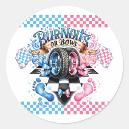 Gender Reveal Pink and Blue Bows and Tires Runder Aufkleber