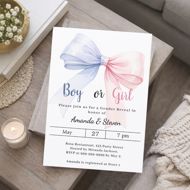Gender reveal pink blue bow boy girl einladung (Von Creator hochgeladen)
