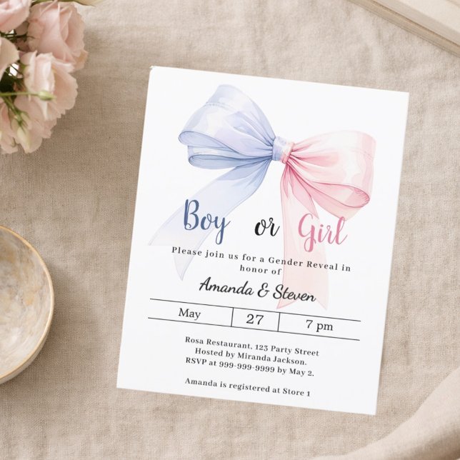 Gender reveal pink blue bow boy girl invitation (Von Creator hochgeladen)