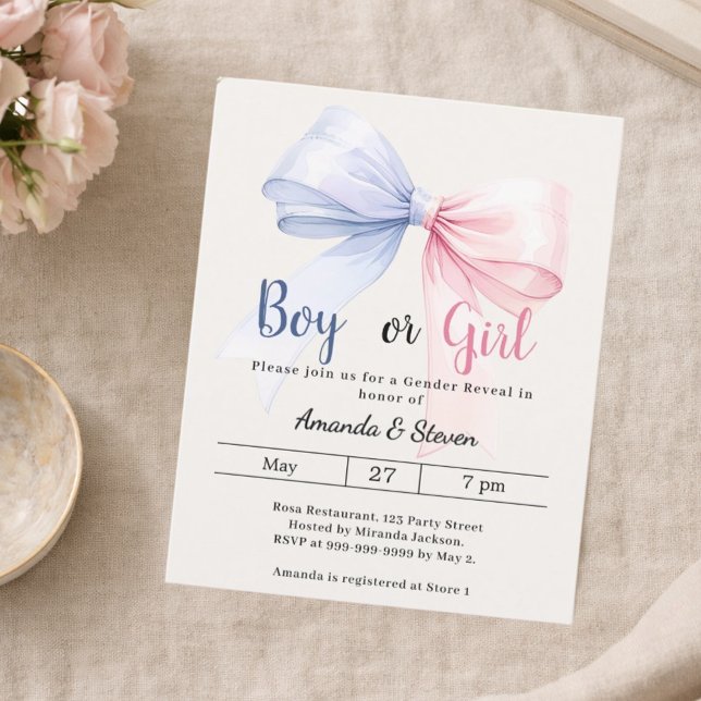 Gender reveal pink blue bow ivory invitation (Von Creator hochgeladen)