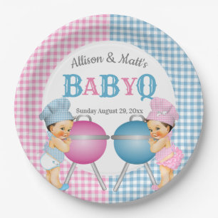 Gender Reveal Pink Blue Gingham Baby Q GRILLEN Pappteller