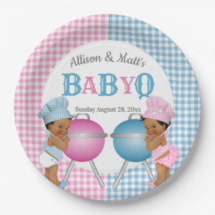 Gender Reveal Pink Blue Gingham Baby Q GRILLEN Pappteller