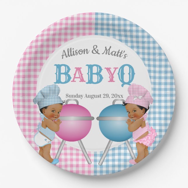 Gender Reveal Pink Blue Gingham Baby Q GRILLEN Pappteller (Vorderseite)