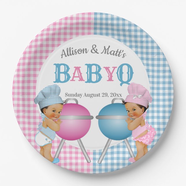 Gender Reveal Pink Blue Gingham Baby Q GRILLEN Pappteller (Vorderseite)