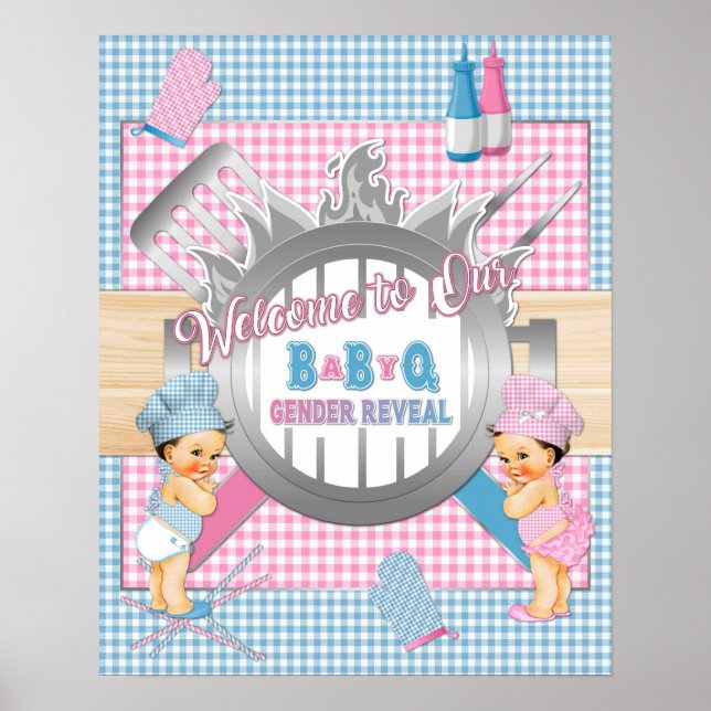 Gender Reveal Pink Blue Gingham Baby Q GRILLEN Pos Poster (Vorne)