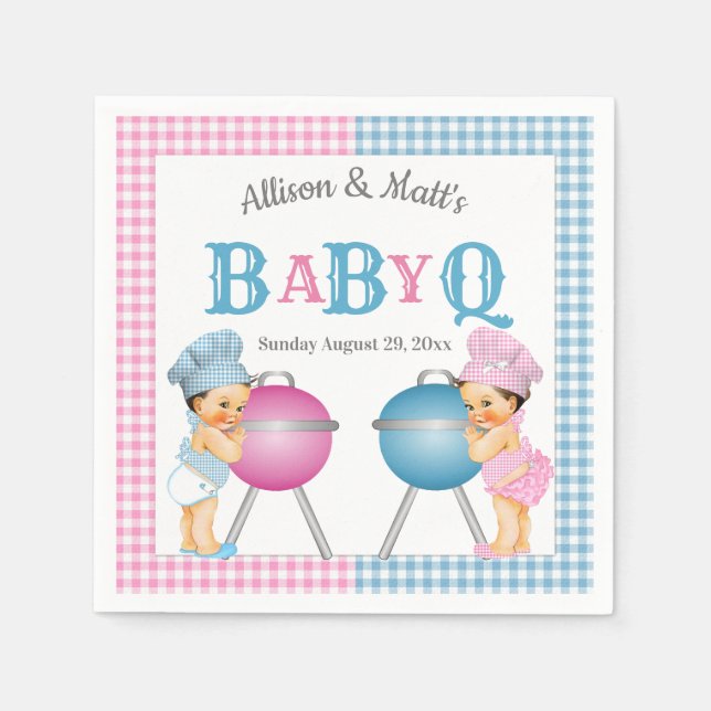 Gender Reveal Pink Blue Gingham Baby Q GRILLEN Serviette (Vorderseite)