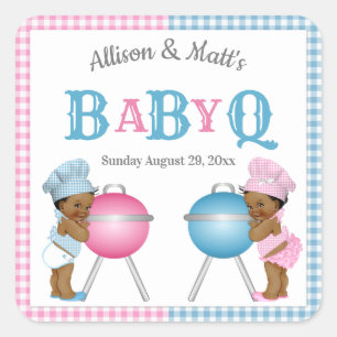Gender Reveal Pink Blue Gingham BabyQ GRILLEN Quadratischer Aufkleber