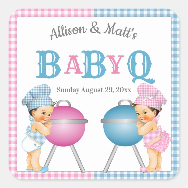 Gender Reveal Pink Blue Gingham BabyQ GRILLEN Quadratischer Aufkleber (Vorderseite)