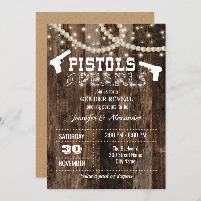 Gender Reveal Pistols oder Perlen Einladung (Vorne/Hinten)