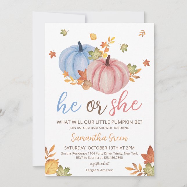 Gender Reveal Pumpkin Baby Shower Einladung (Vorderseite)